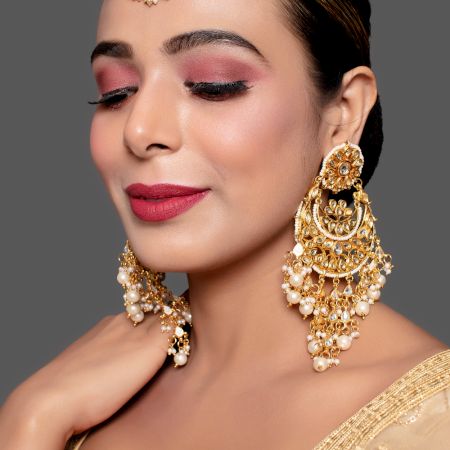 Kundan Pearl Chandelier Earrings with Maang Tikka Set